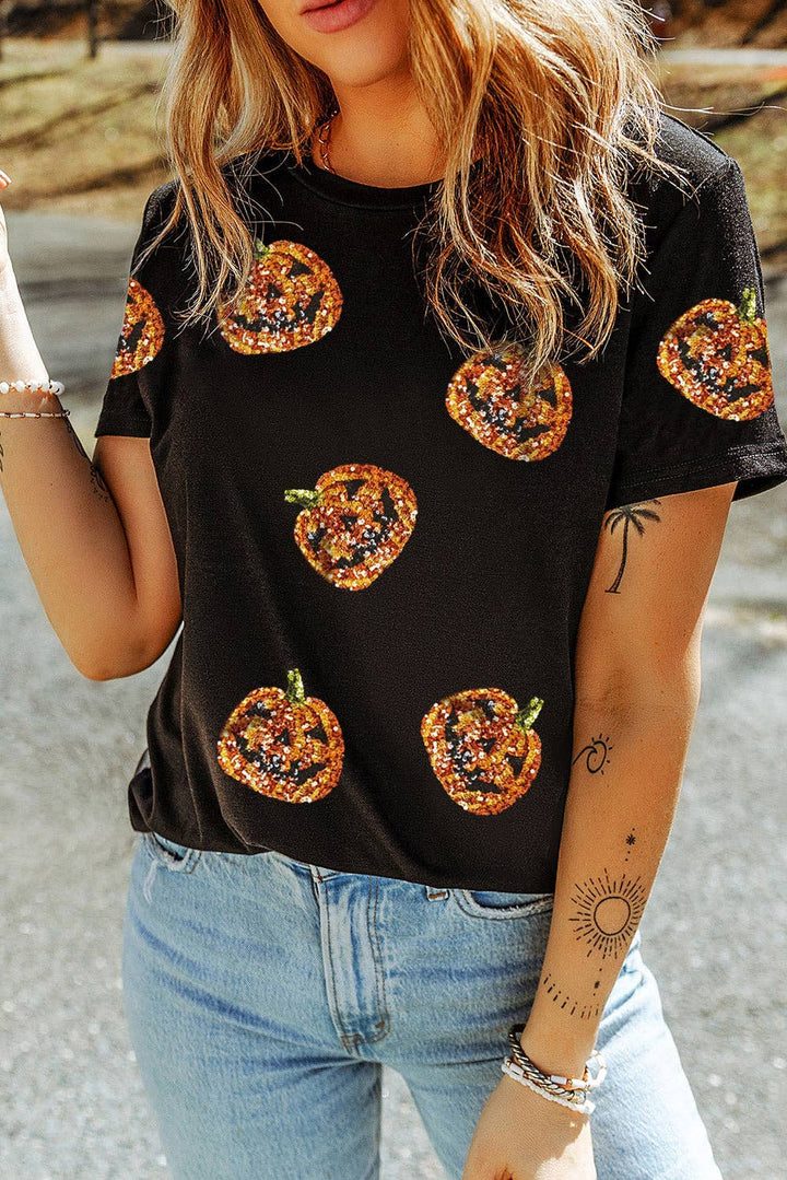 Sequin Pumpkin Patch Tee - Black