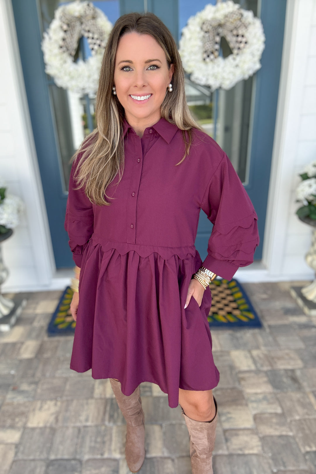 Plum It Goes Scallop Dress