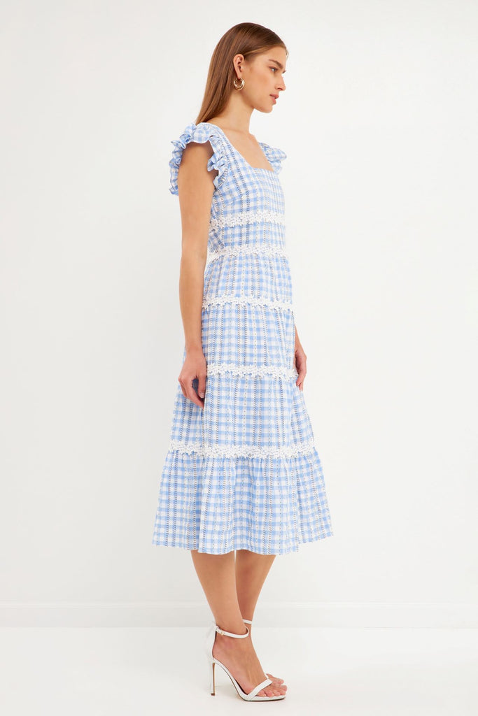 English Factory: FLORAL LACE GINGHAM PRINTED MIDI DRESS