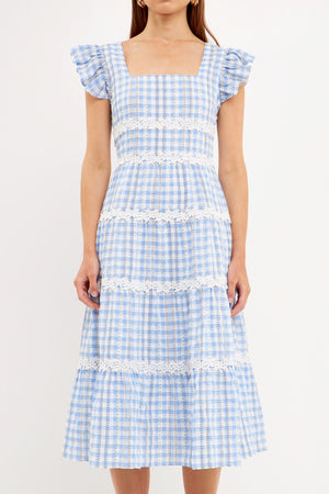 English Factory: FLORAL LACE GINGHAM PRINTED MIDI DRESS