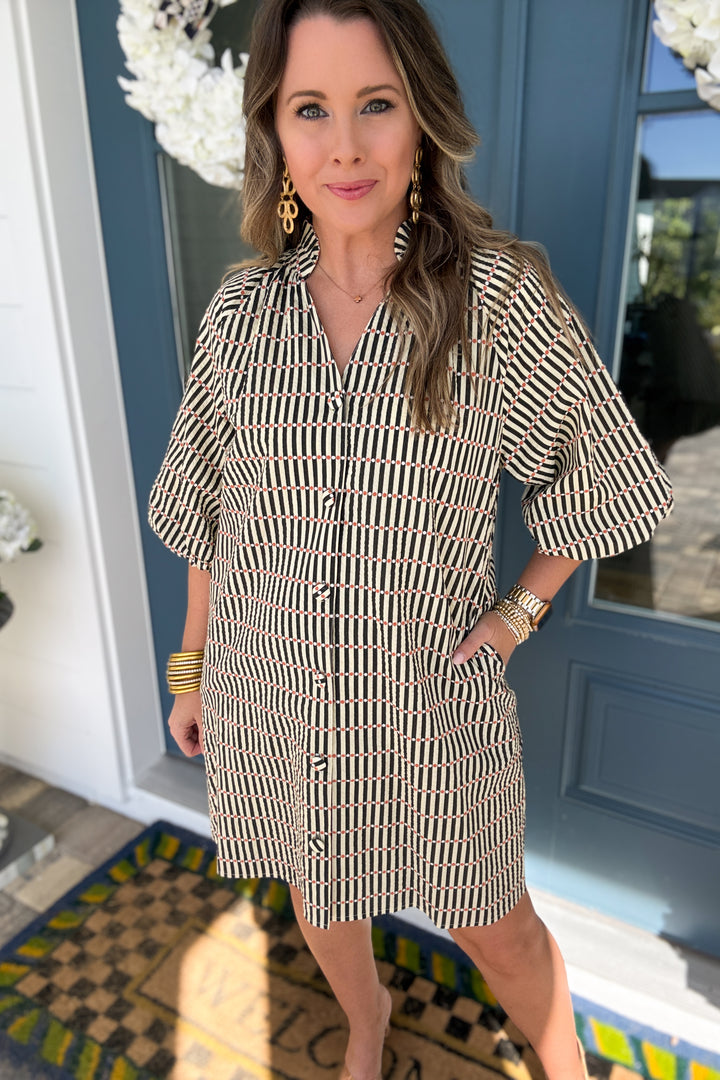 THML: Black + Cream Dotted Puff Sleeve Striped Dress