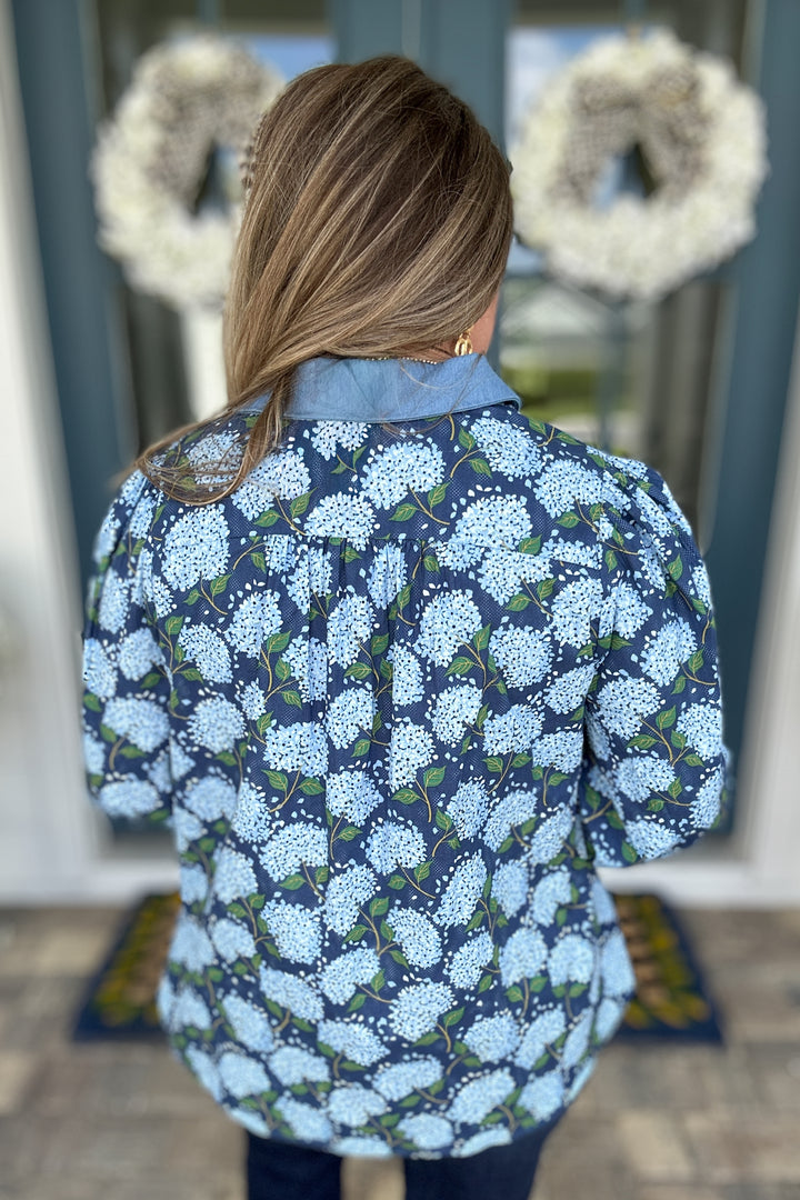 Embroidered Scallop Edge Floral Top - Navy