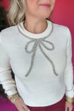 Wishing Rhinestone Bow Sweater - Off White