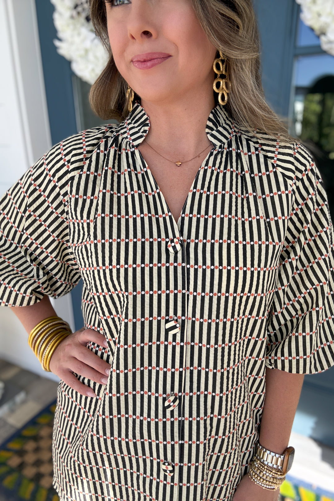 THML: Black + Cream Dotted Puff Sleeve Striped Dress