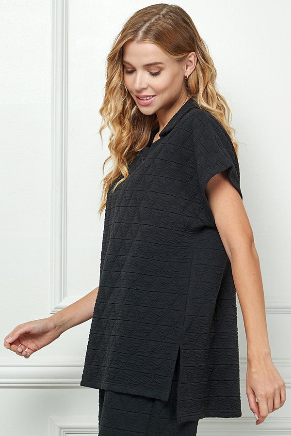 QUILTED COLLARED TOP - Black