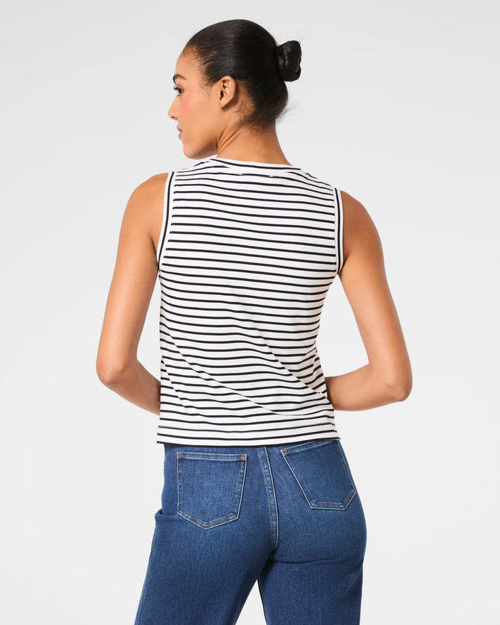Spanx: Cotton Crewneck Tank - Classic Black Stripe