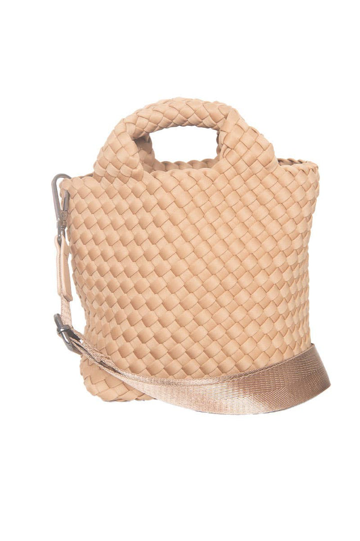 Camel Woven Crossbody Bucket Bag: Camel