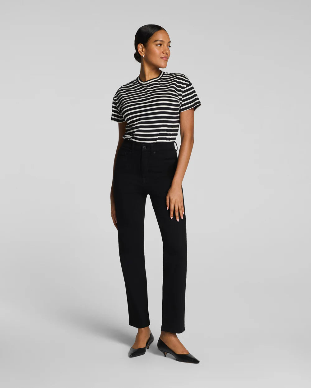 SPANX® Lightweight Cotton Crewneck Short Sleeve Bodysuit - Classic Black/Linen Stripe