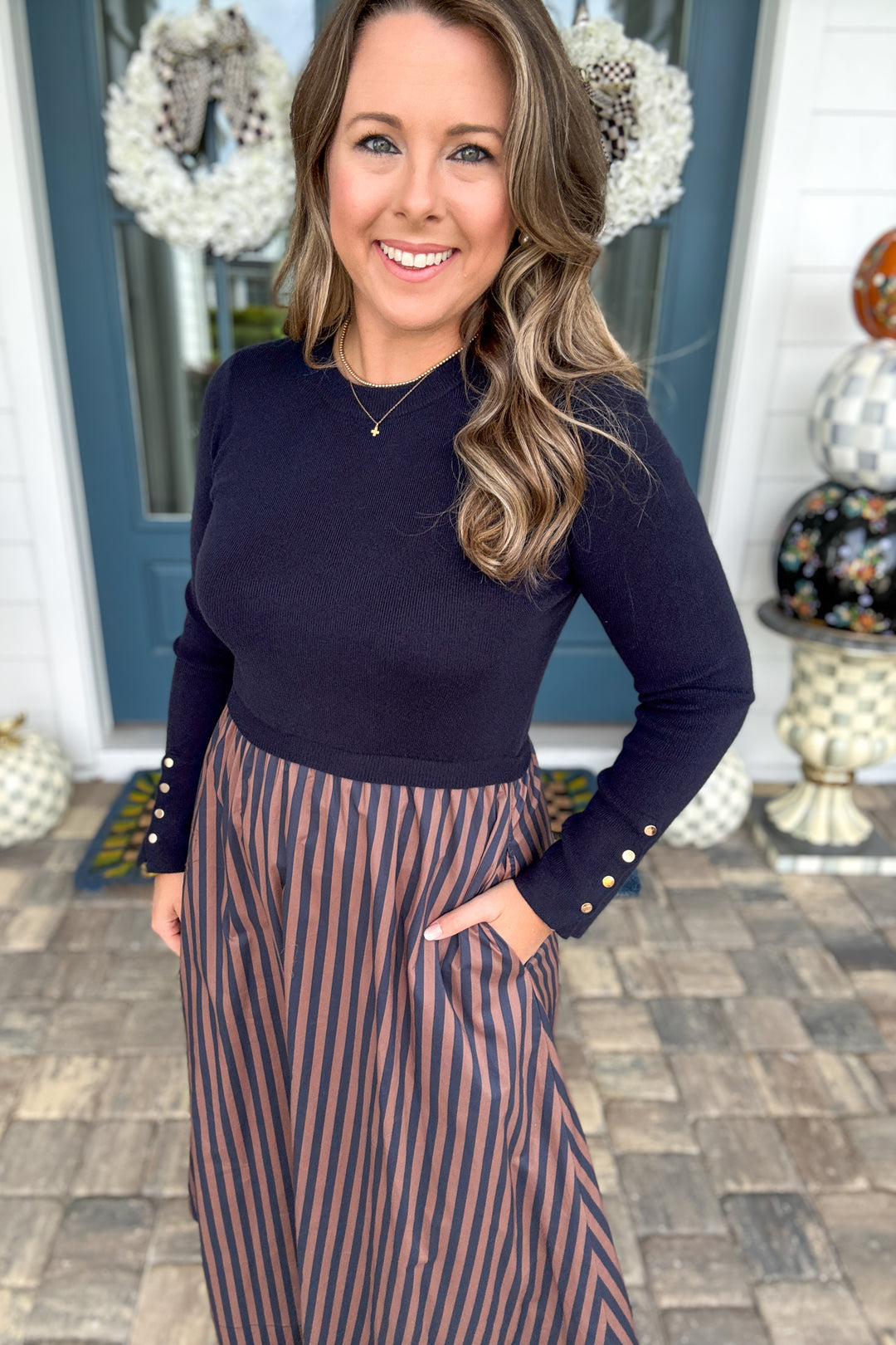 Uptown Stripe Sweater Midi Dress – Navy