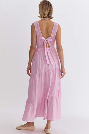Bow Back Seersucker Smocked Maxi Dress - Light Pink