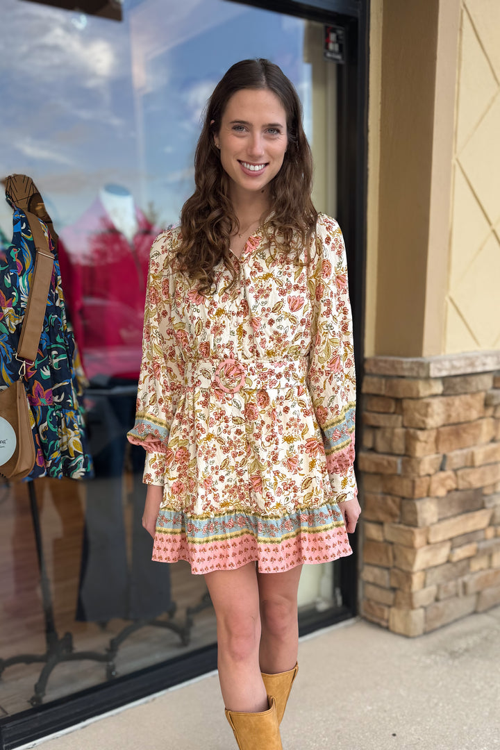 Border Print Self Tie Belt Shirt Dress - B Social Boutique