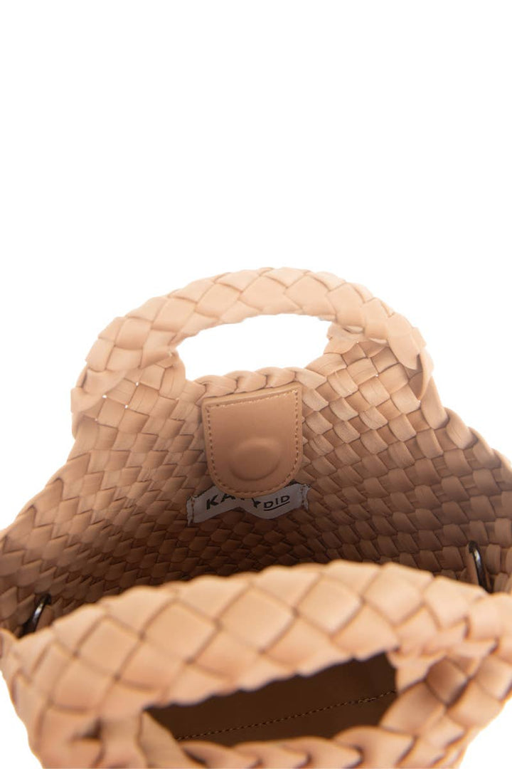 Camel Woven Crossbody Bucket Bag: Camel