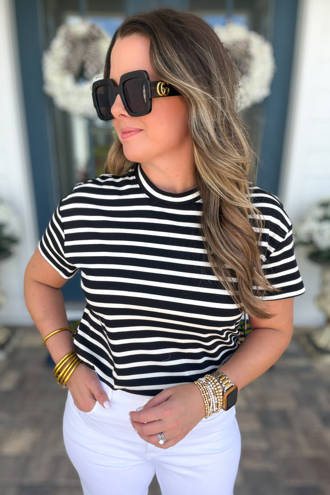 SPANX® Lightweight Cotton Crewneck Short Sleeve Bodysuit - Classic Black/Linen Stripe
