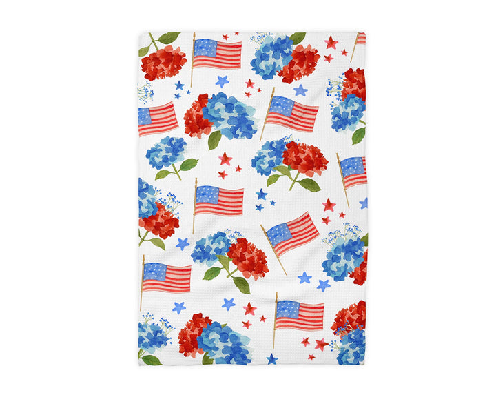 4th July Hydrangea Red White Blue Flag Kitchen Towel Waffle