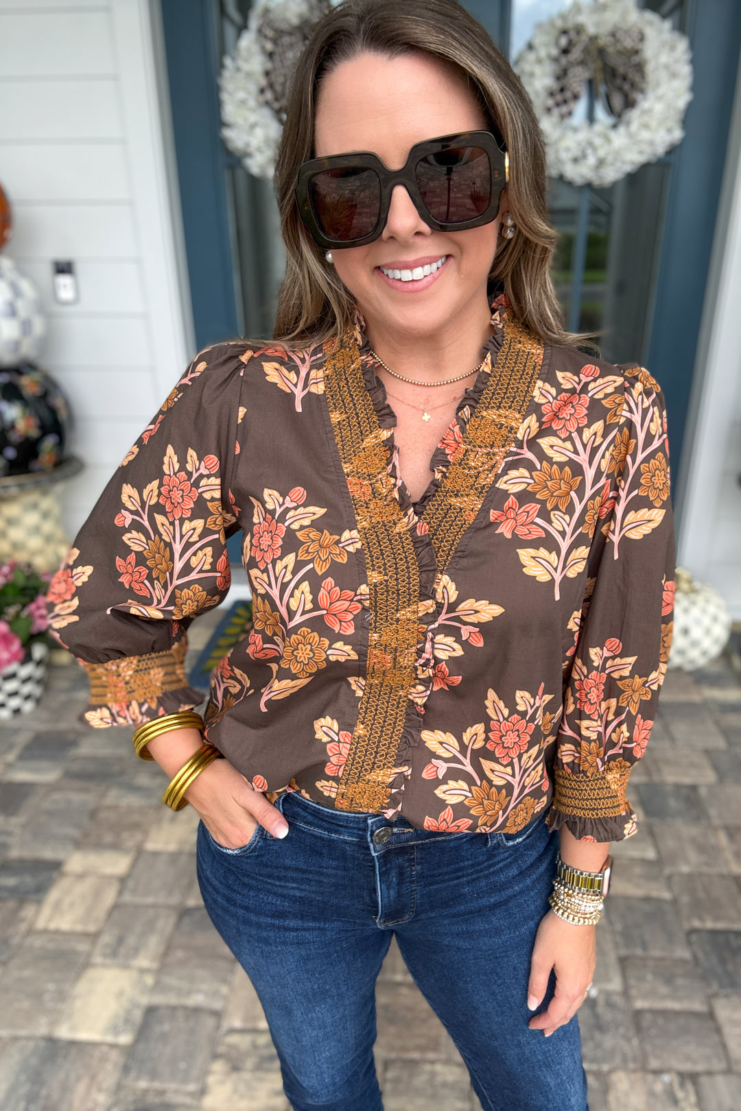 Autumn Blooms Floral Smocked Blouse - Chocolate