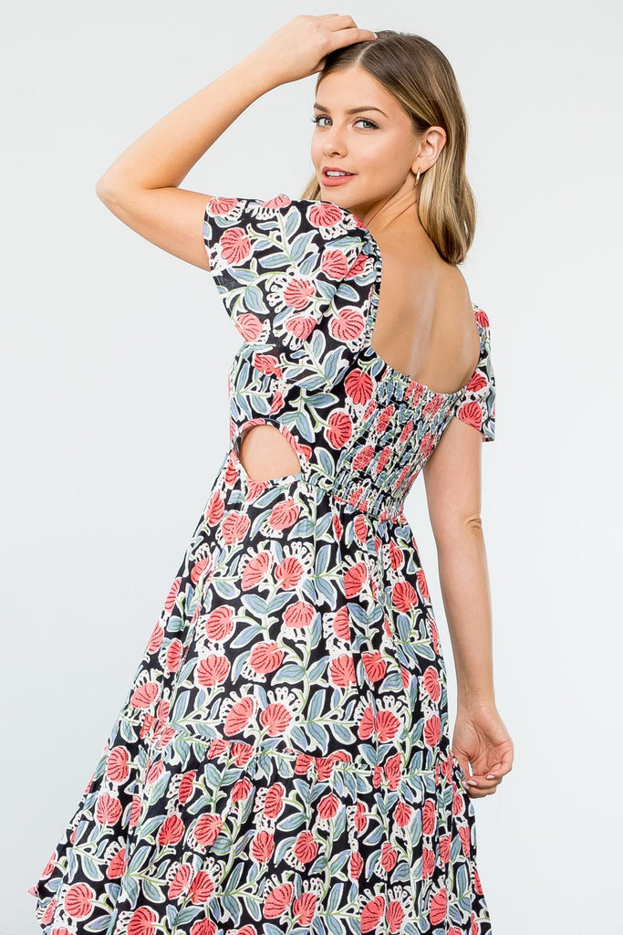THML: Flower Print Tiered Flutter Maxi Dress