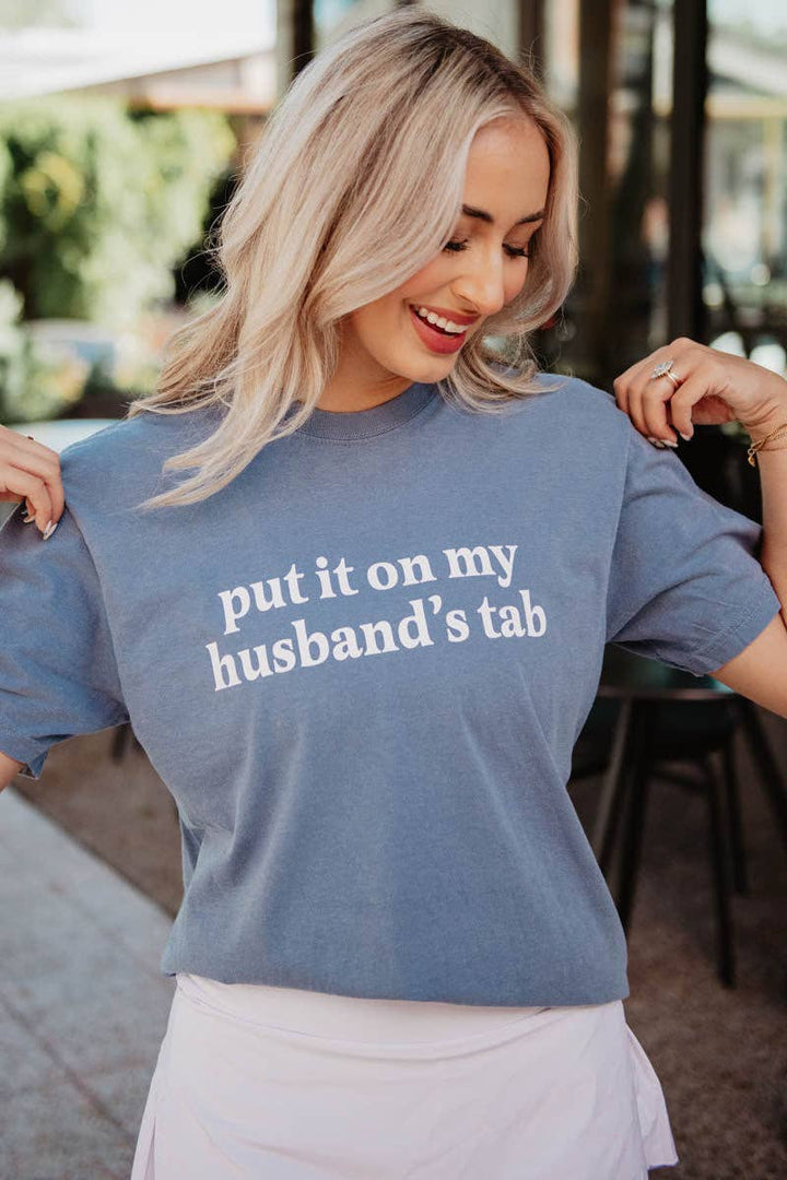 Put It On My Husband's Tab T-Shirt Women's: Blue Jean