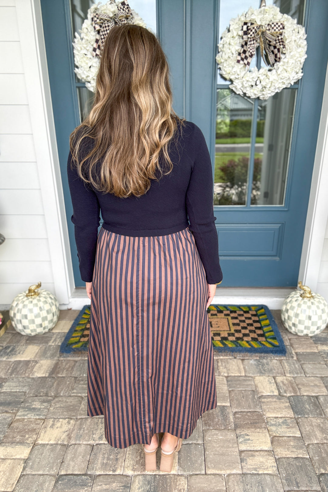Uptown Stripe Sweater Midi Dress – Navy