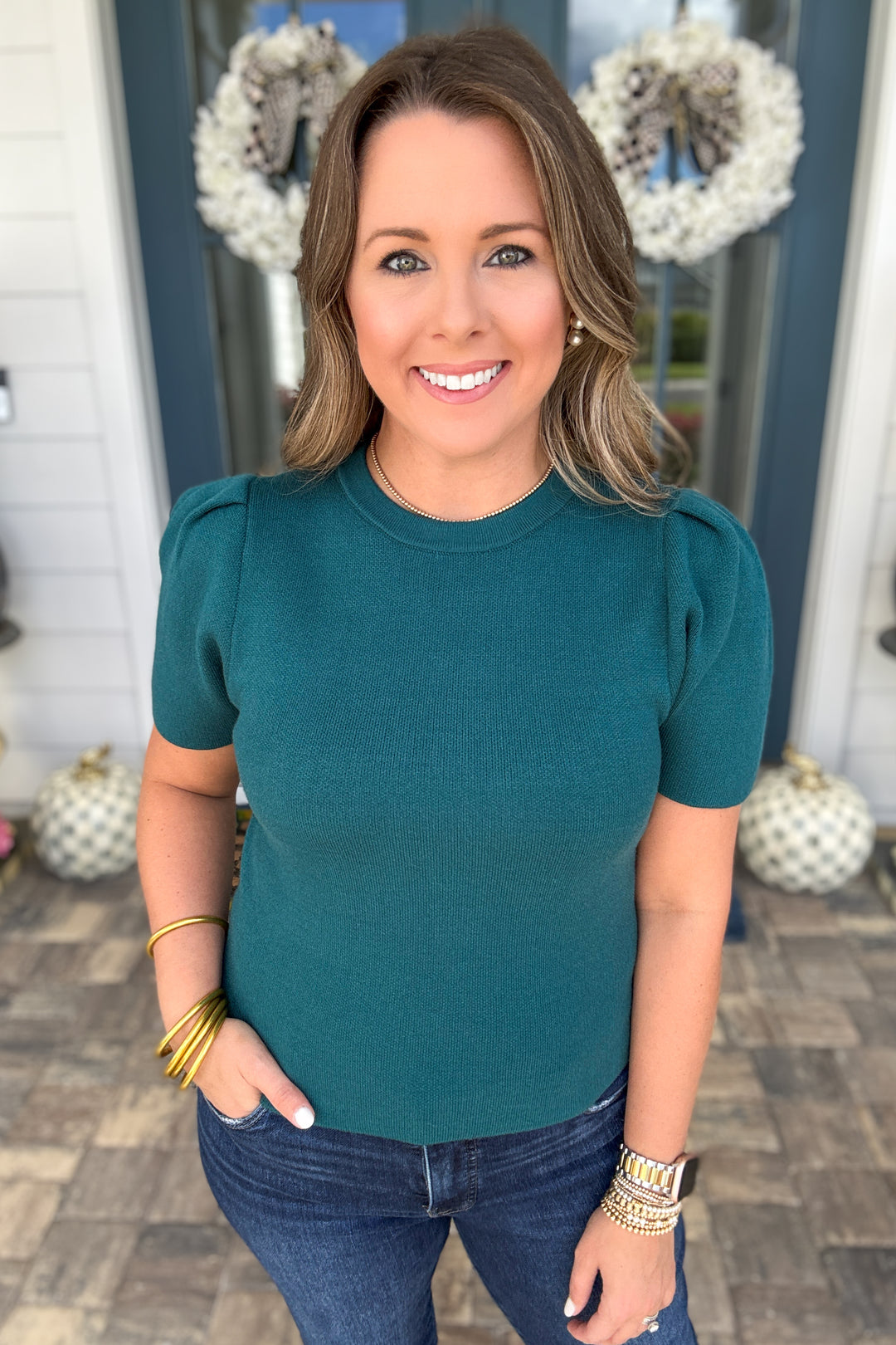 Elegance Puff Sleeve Knit Sweater Top - Teal
