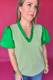 Green And White Stripe Puff Sleeve Top