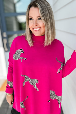 Miss Leopard Mock Neck Sweater - Hot Pink