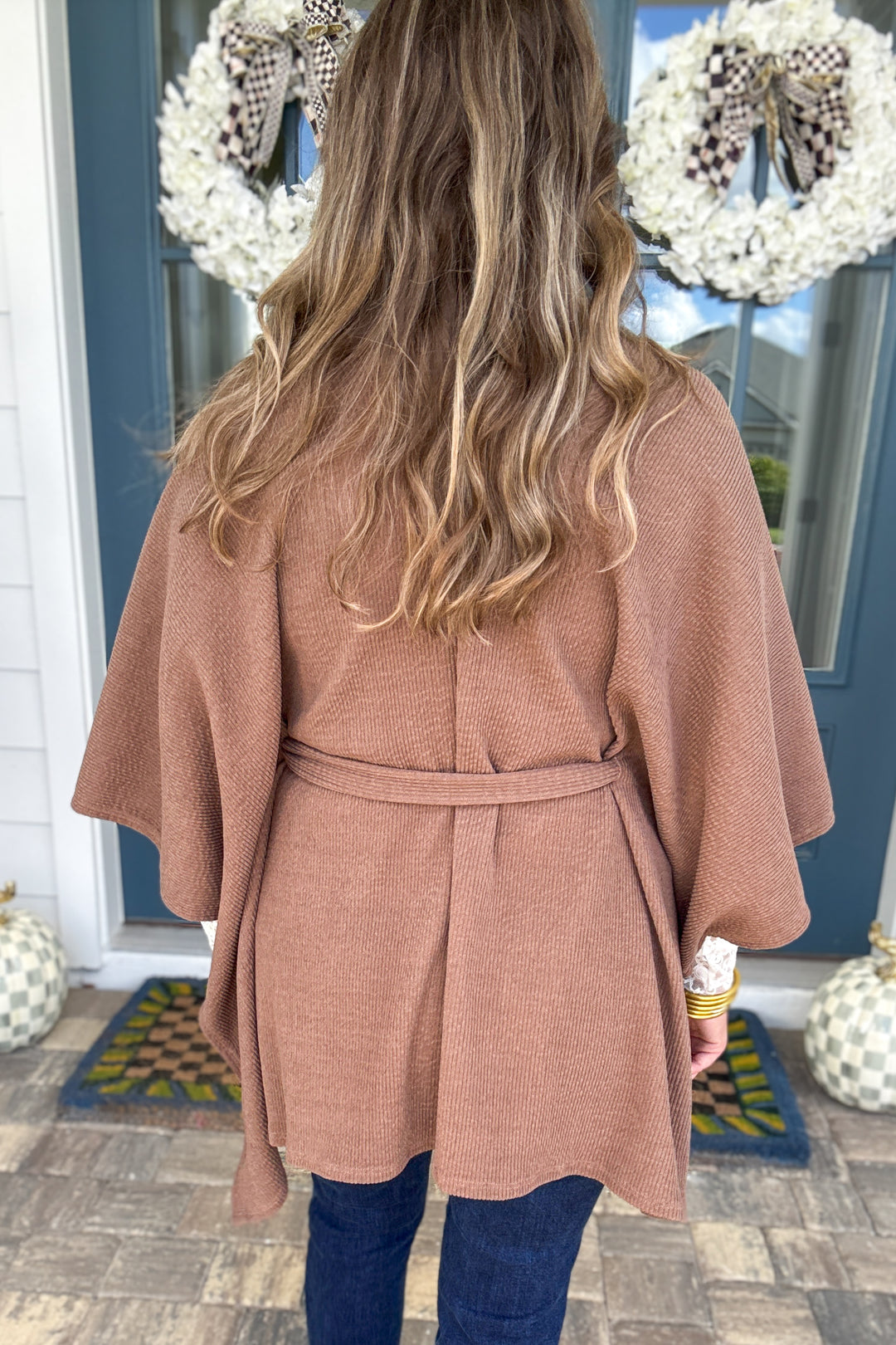 Cozy in Cocoa Tie-Front Knit Poncho - Mocha