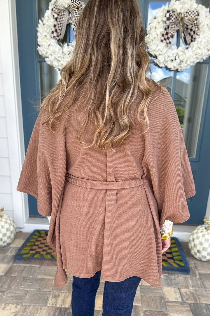 Cozy in Cocoa Tie-Front Knit Poncho - Mocha