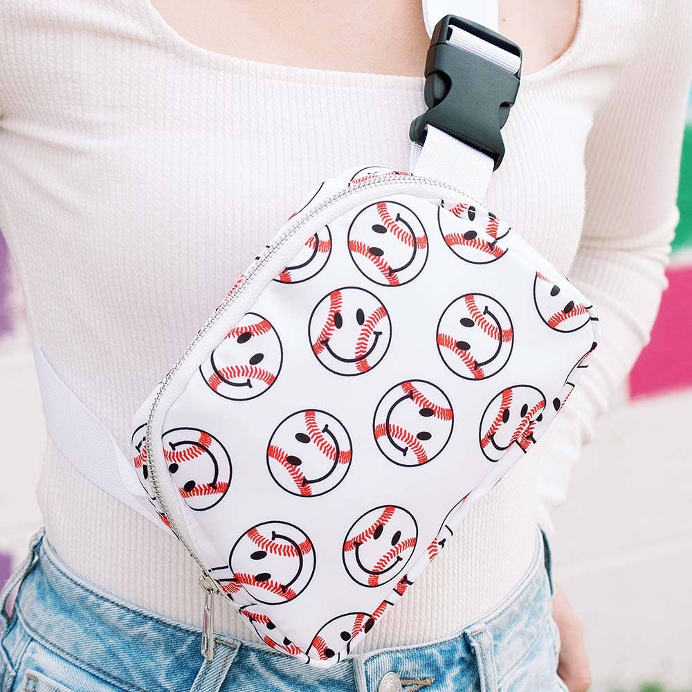 Baseball Happy Face Fanny Pack: White