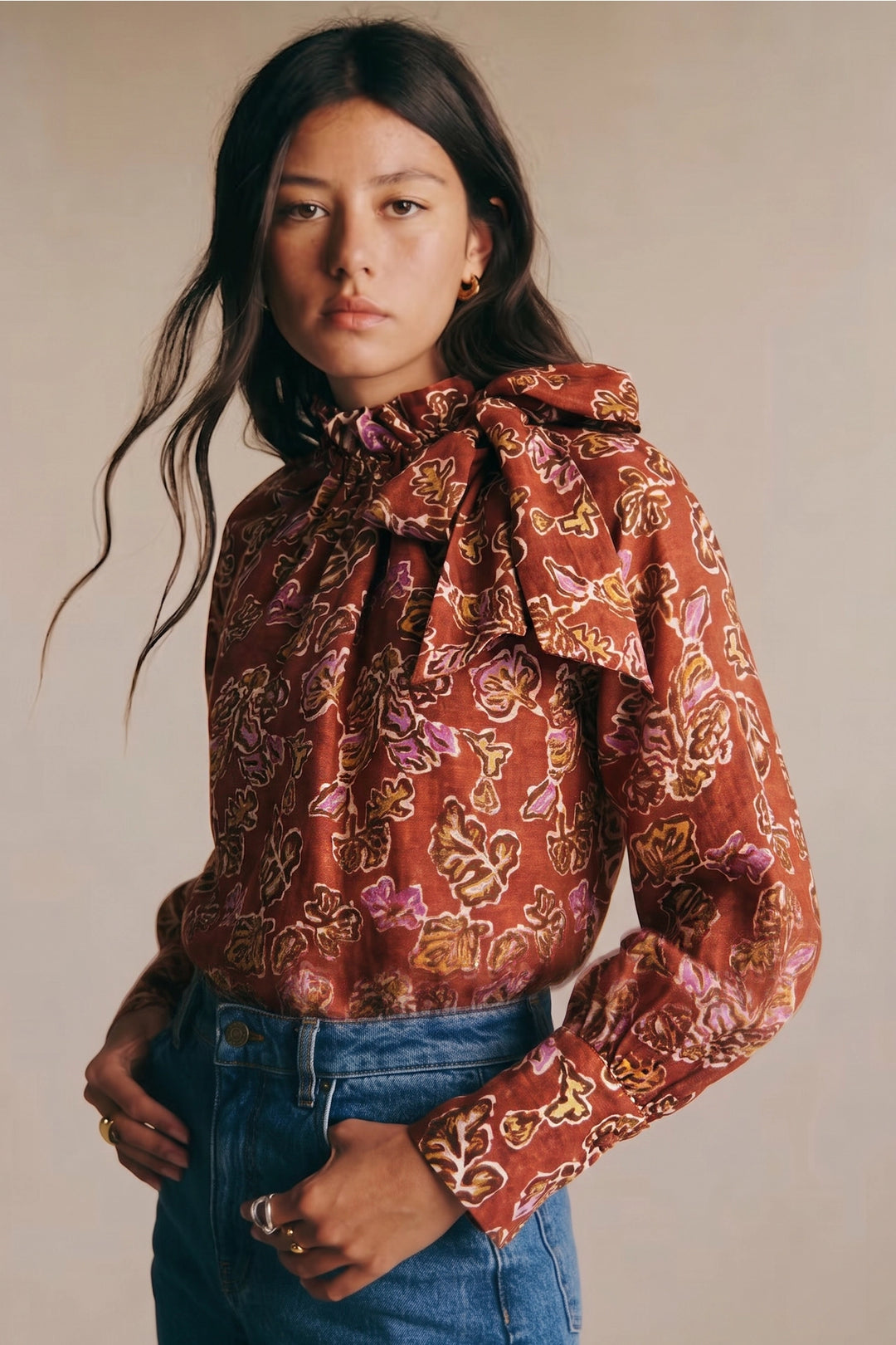 Falling for Florals Tie-Neck Blouse - Burgundy