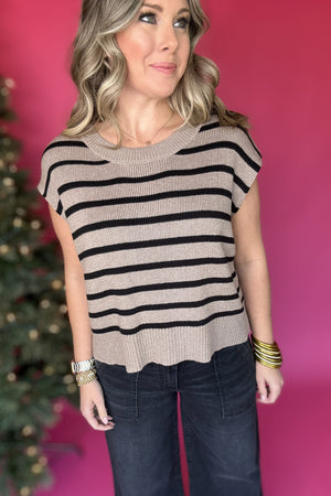 Looking At You Stripe Sweater Top - Dark Mocha + Black