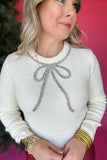 Wishing Rhinestone Bow Sweater - Off White