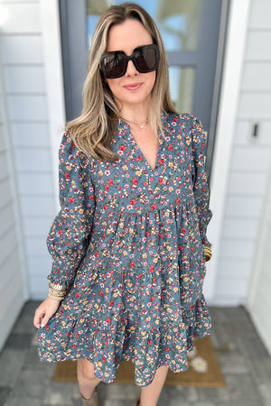 Dusty Blue Floral Shift Dress