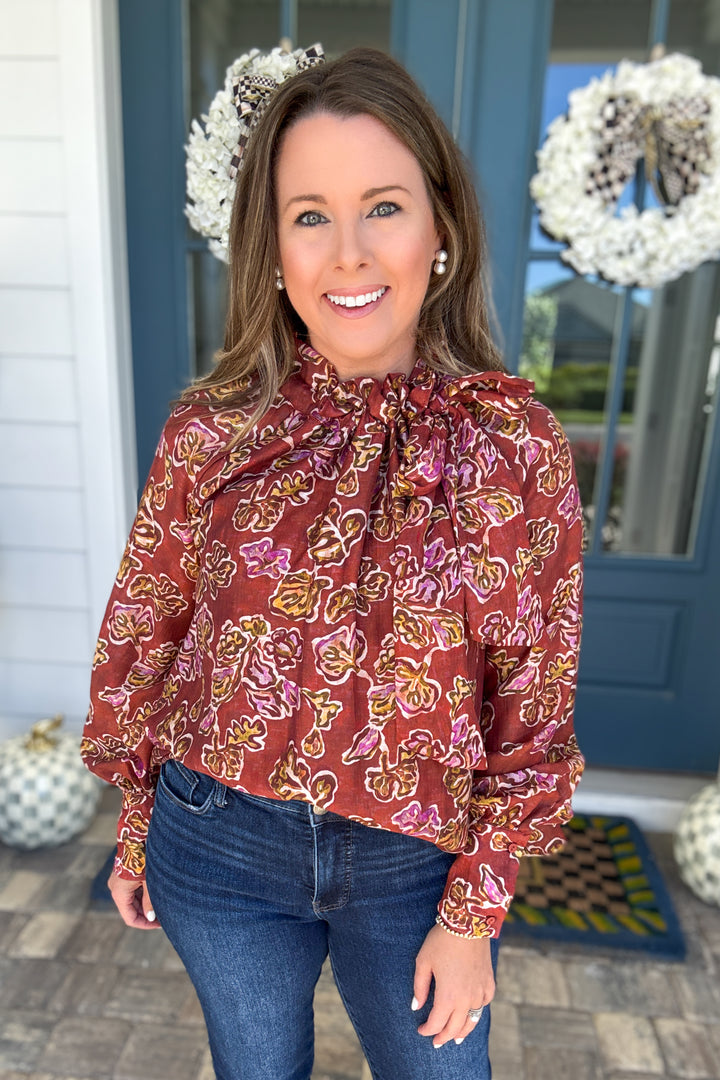 Falling for Florals Tie-Neck Blouse - Burgundy