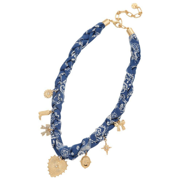 Navy HEART MULTI CHARM BRAIDED FABRIC NECKLACE