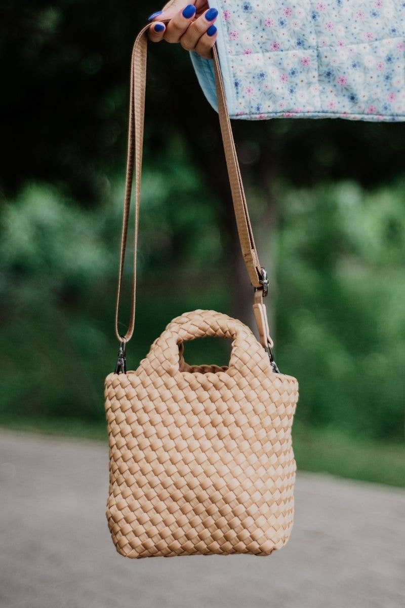 Camel Woven Crossbody Bucket Bag: Camel