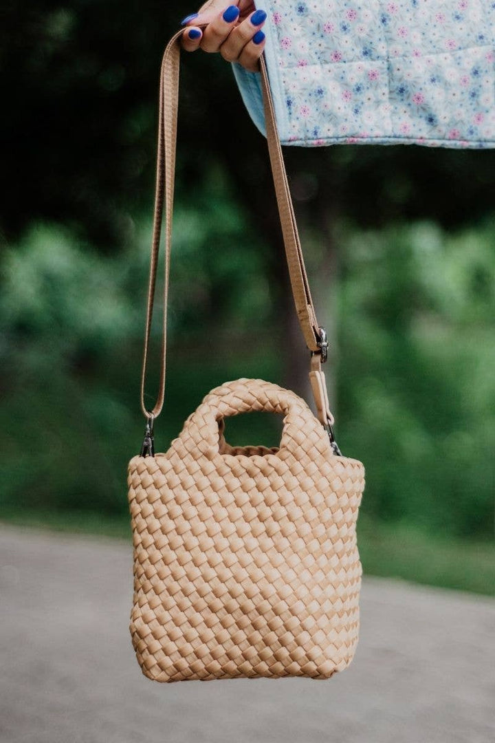 Camel Woven Crossbody Bucket Bag: Camel
