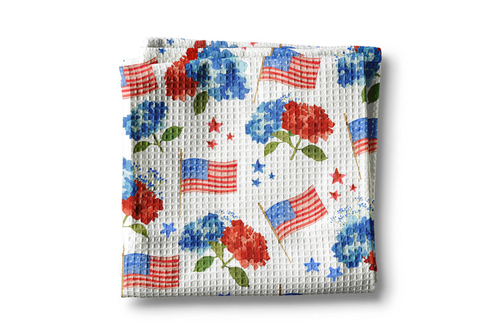 4th July Hydrangea Red White Blue Flag Kitchen Towel Waffle