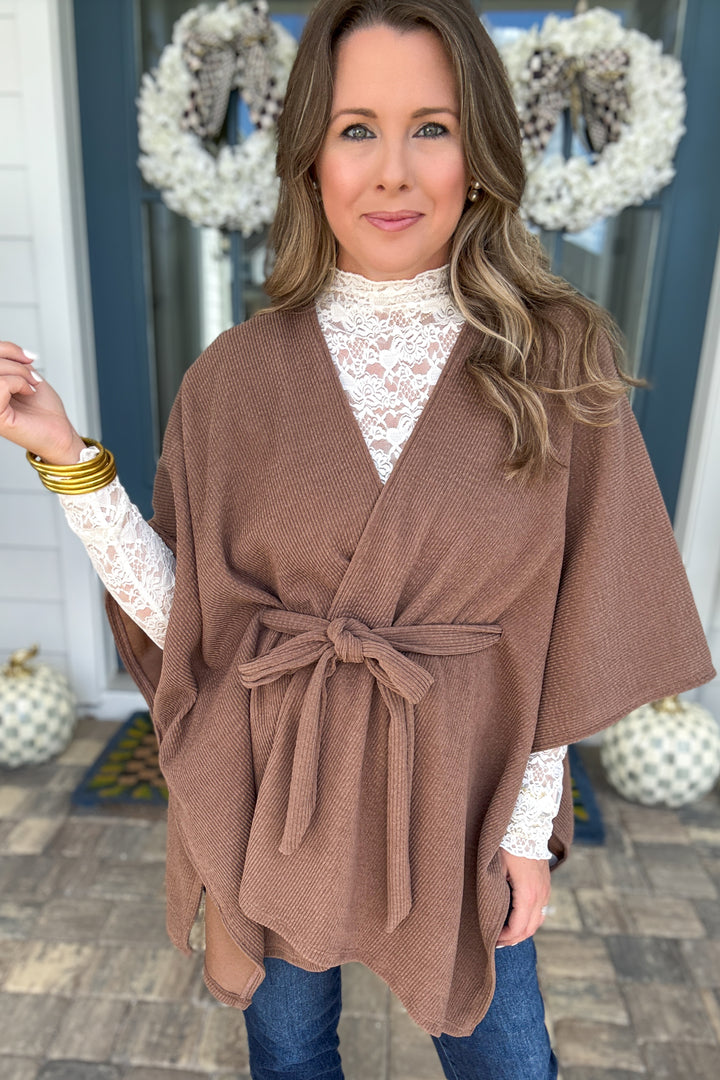 Cozy in Cocoa Tie-Front Knit Poncho - Mocha