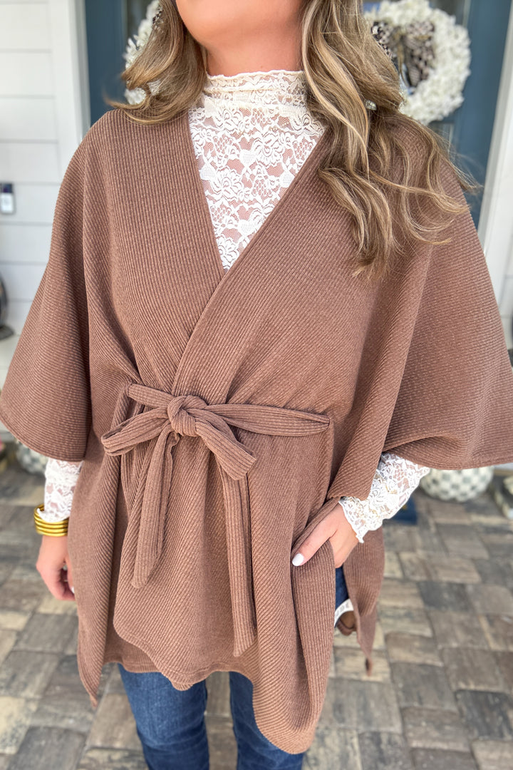 Cozy in Cocoa Tie-Front Knit Poncho - Mocha