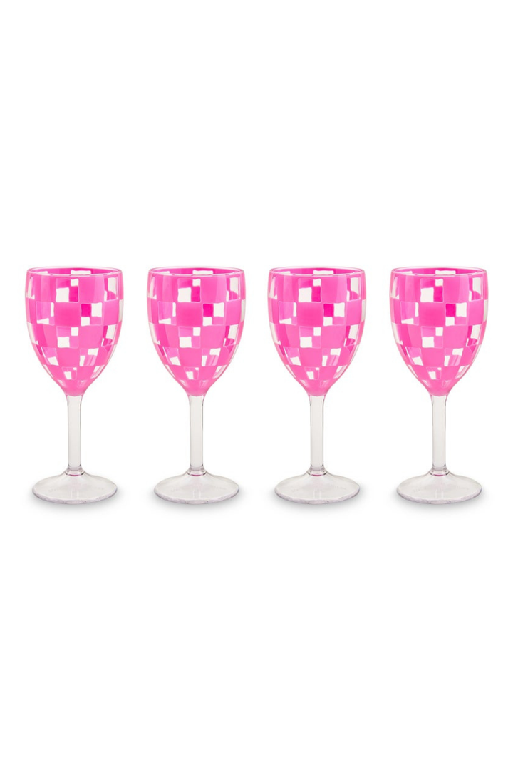MacKenzie Childs: Pink Check Acrylic Wine Goblets, Set of 4