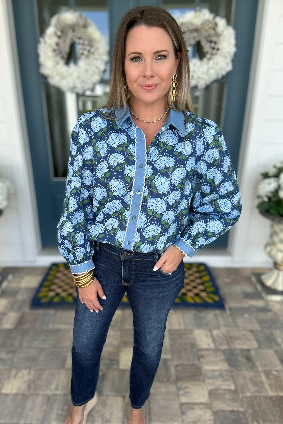 Embroidered Scallop Edge Floral Top - Navy