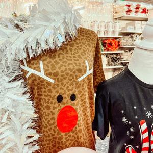 Leopard Reindeer Glitter Nose Short Sleeve Tee