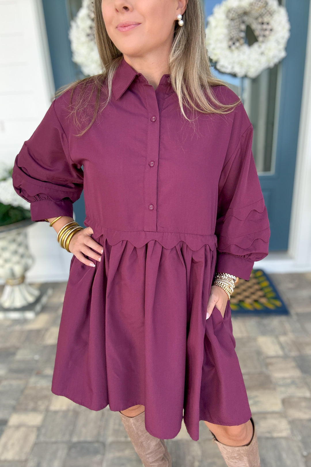 Plum It Goes Scallop Dress