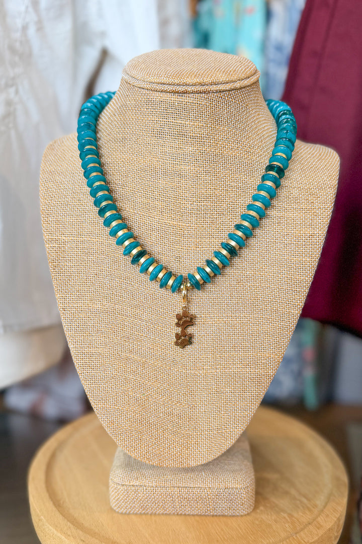 Cerissa Teal Beaded Necklace with Paw Charm