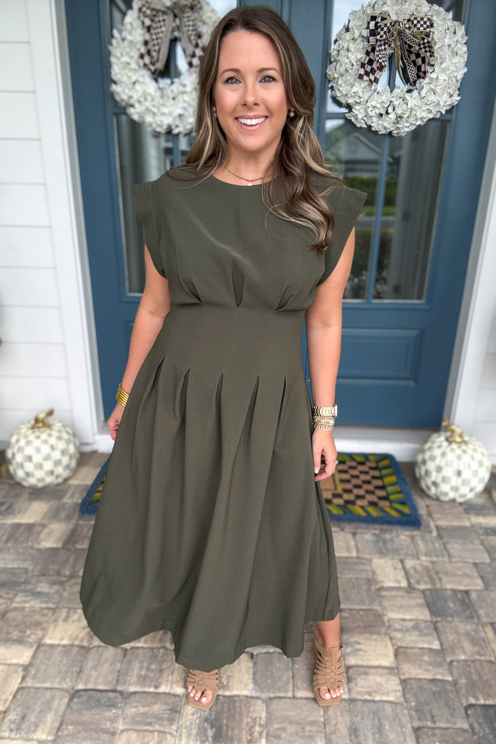 Avenue Pleated Midi Dress - Olive