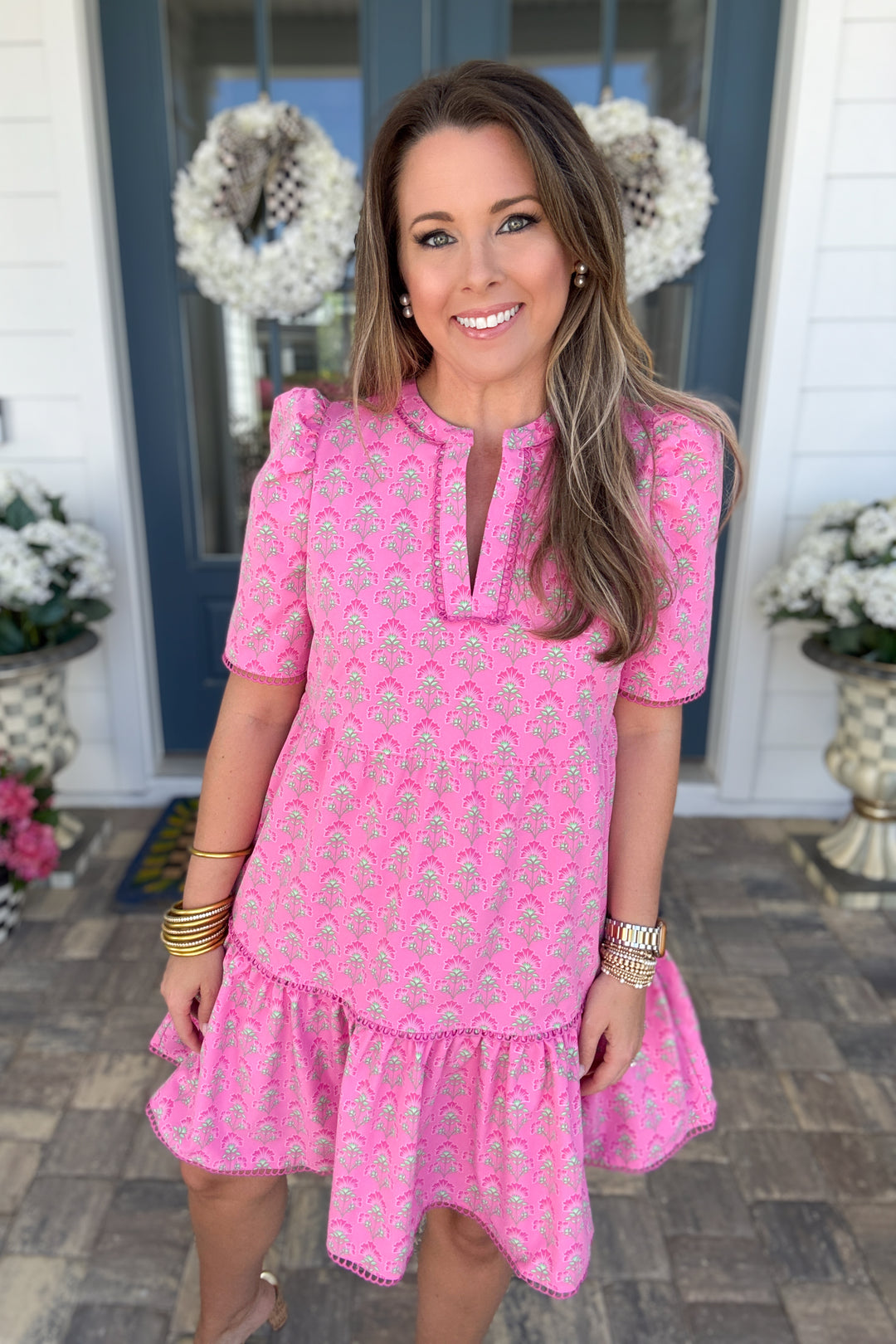 Mary Square: Adelyn Dress Deco Lilies Fuchsia