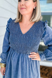 Washed Denim Smocked Flare Dress