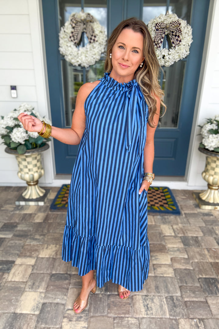 Ocean Daydream Striped Ruffle Neck Tie Dress - Navy