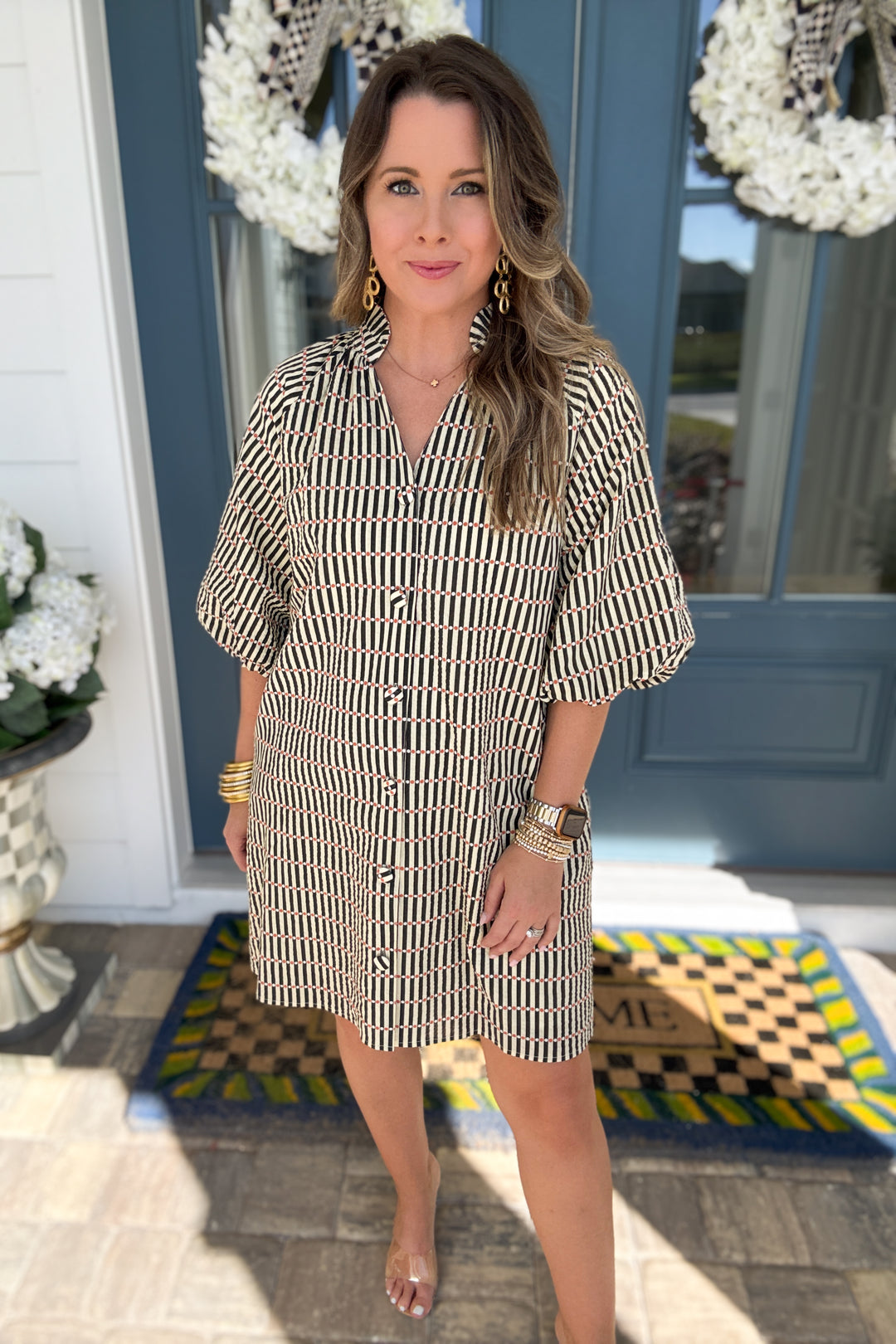 THML: Black + Cream Dotted Puff Sleeve Striped Dress