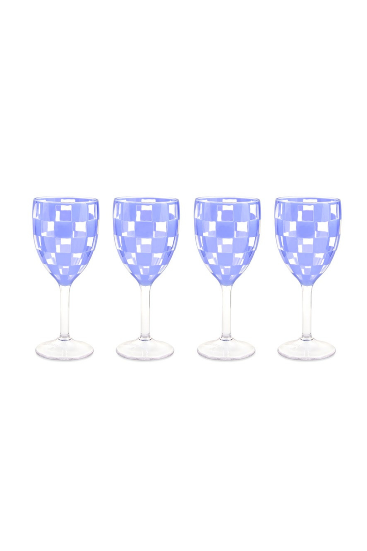 MacKenzie Childs: Blue Check Acrylic Wine Goblets, Set of 4